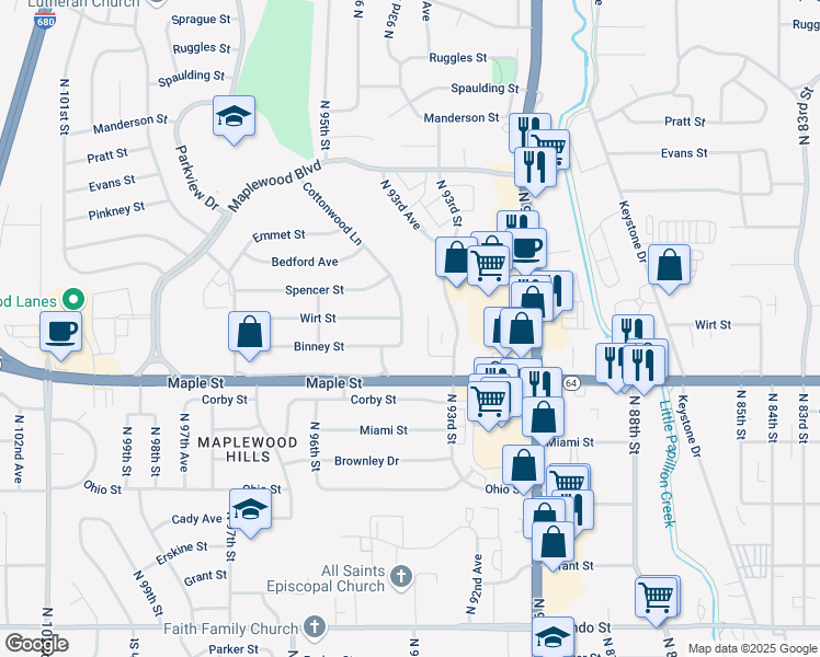 map of restaurants, bars, coffee shops, grocery stores, and more near 3008 Menke Circle in Omaha