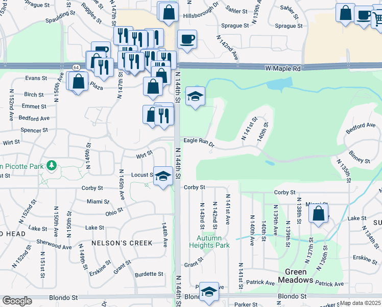 map of restaurants, bars, coffee shops, grocery stores, and more near 14325 Eagle Run Drive in Omaha