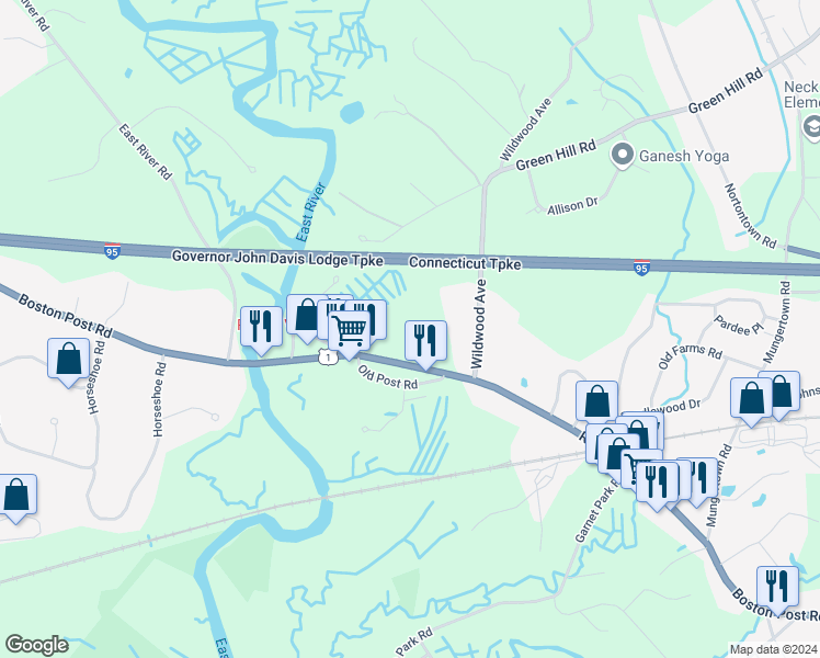map of restaurants, bars, coffee shops, grocery stores, and more near 67 Boston Post Road in Madison