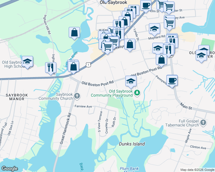 map of restaurants, bars, coffee shops, grocery stores, and more near 3 Trask Road in Old Saybrook