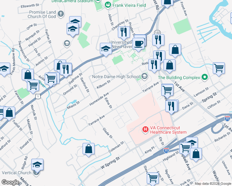 map of restaurants, bars, coffee shops, grocery stores, and more near 23 Simon Place in West Haven