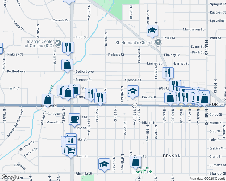 map of restaurants, bars, coffee shops, grocery stores, and more near 6772 Binney Street in Omaha