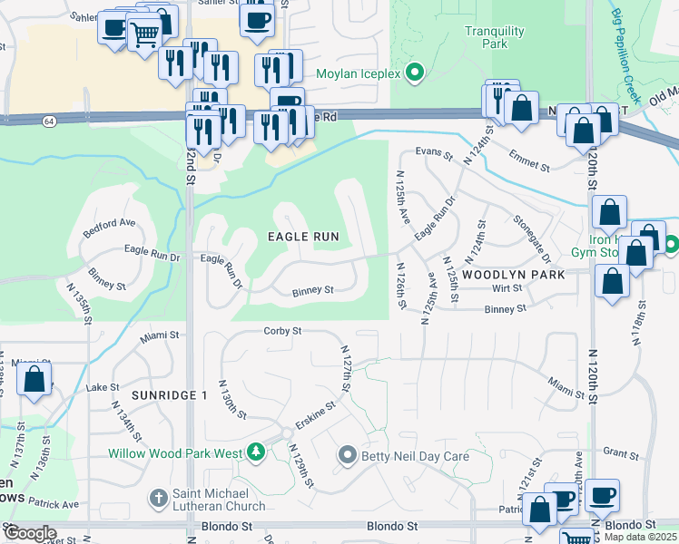 map of restaurants, bars, coffee shops, grocery stores, and more near 12820 Binney Street in Omaha