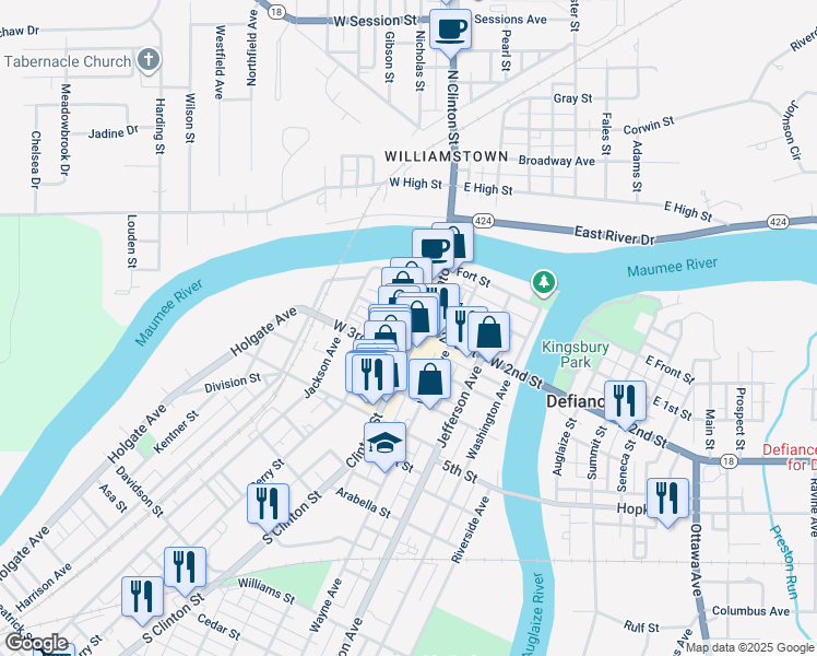 map of restaurants, bars, coffee shops, grocery stores, and more near 346 Clinton Street in Defiance