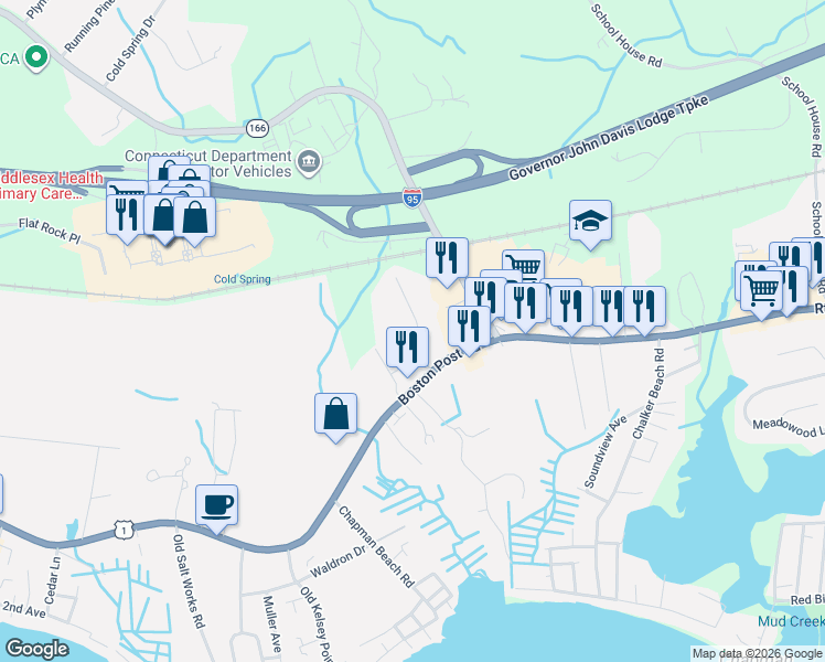 map of restaurants, bars, coffee shops, grocery stores, and more near 7 Harvey Drive in Old Saybrook