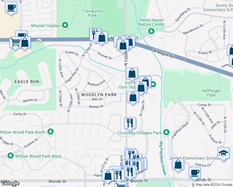 map of restaurants, bars, coffee shops, grocery stores, and more near 12104 Stonegate Drive in Omaha