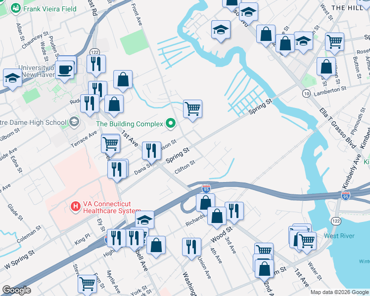 map of restaurants, bars, coffee shops, grocery stores, and more near 95 Spring Street in West Haven