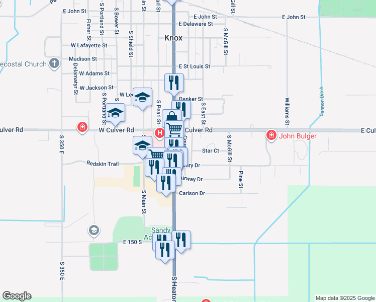 map of restaurants, bars, coffee shops, grocery stores, and more near 1115-1199 S Prettyman St in Knox