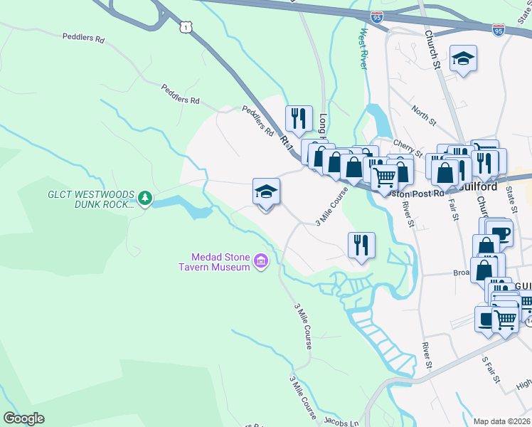 map of restaurants, bars, coffee shops, grocery stores, and more near 143 3 Mile Course in Guilford