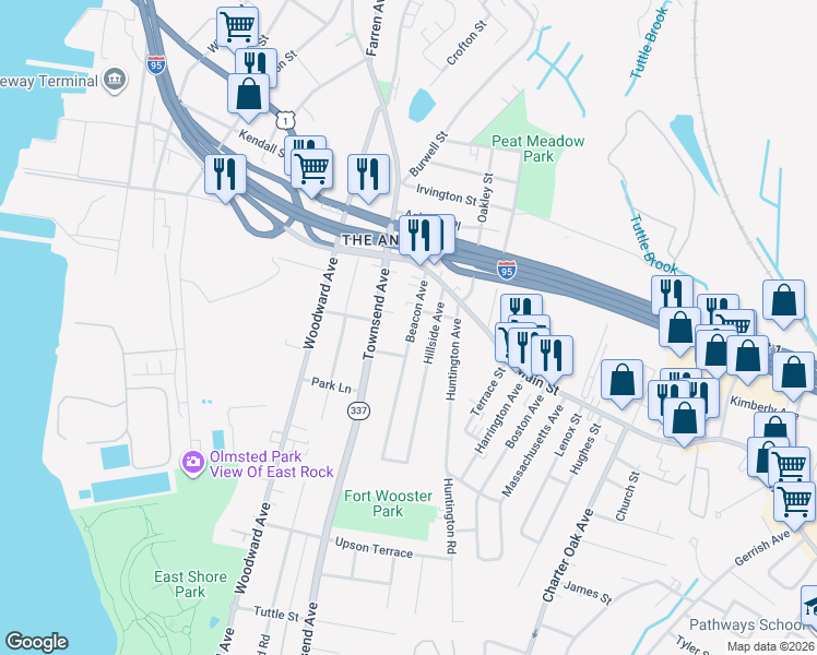 map of restaurants, bars, coffee shops, grocery stores, and more near 122 Hillside Avenue in New Haven