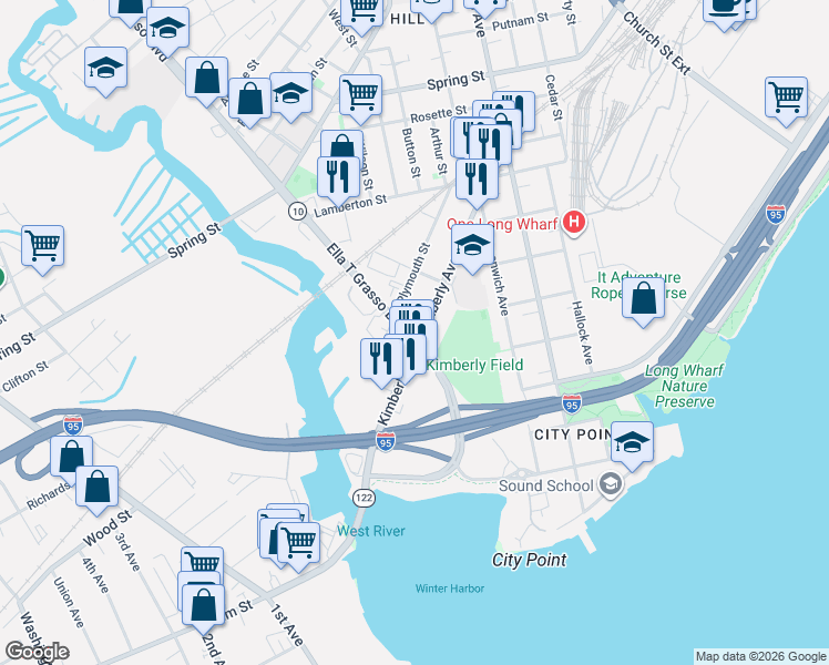 map of restaurants, bars, coffee shops, grocery stores, and more near 236 Kimberly Avenue in New Haven