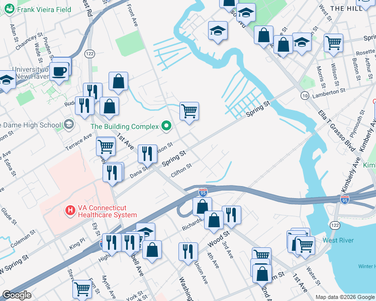map of restaurants, bars, coffee shops, grocery stores, and more near 37 Clifton Street in West Haven