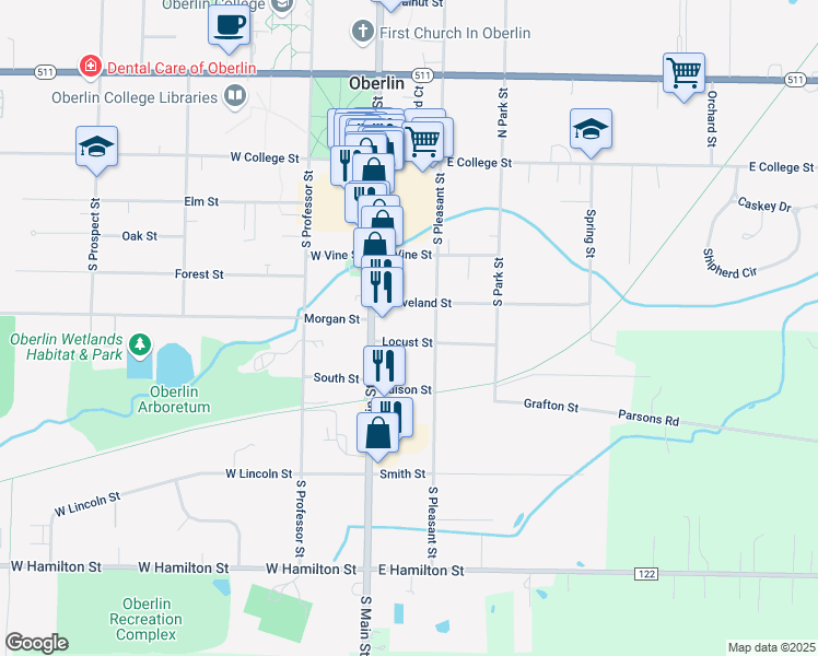 map of restaurants, bars, coffee shops, grocery stores, and more near 31 Locust Street in Oberlin