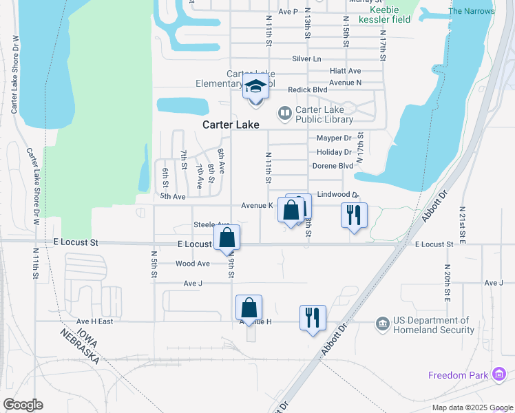 map of restaurants, bars, coffee shops, grocery stores, and more near 3011 Nakoma Lane in Carter Lake
