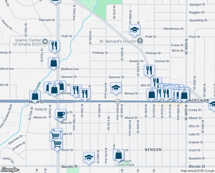 map of restaurants, bars, coffee shops, grocery stores, and more near 6645 Binney Street in Omaha