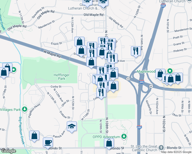 map of restaurants, bars, coffee shops, grocery stores, and more near 10817 Cottonwood Lane in Omaha