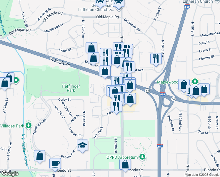 map of restaurants, bars, coffee shops, grocery stores, and more near 10834 Cottonwood Lane in Omaha