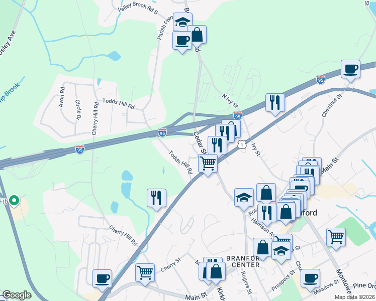 map of restaurants, bars, coffee shops, grocery stores, and more near 76 Cedar Knolls Drive in Branford