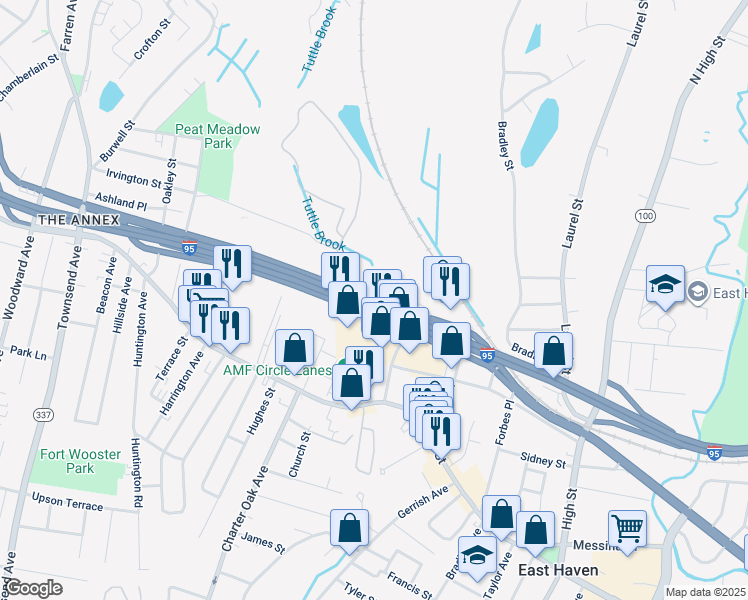 map of restaurants, bars, coffee shops, grocery stores, and more near 99 U.S. Route 1 in East Haven