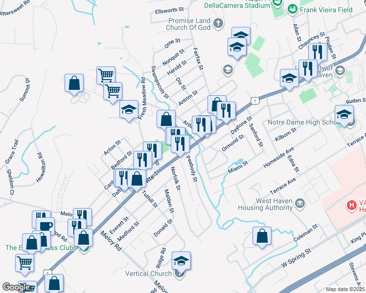 map of restaurants, bars, coffee shops, grocery stores, and more near 18 Peabody Street in West Haven