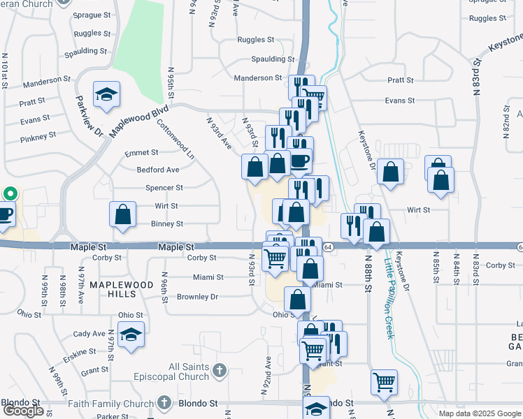 map of restaurants, bars, coffee shops, grocery stores, and more near 2909 North 93rd Street in Omaha