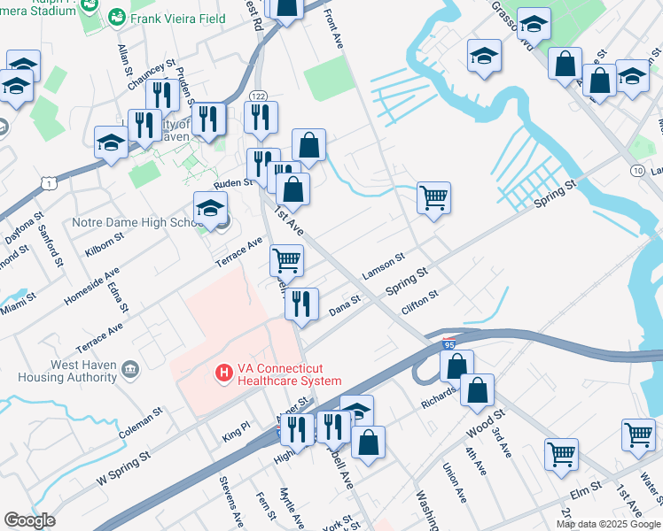 map of restaurants, bars, coffee shops, grocery stores, and more near 81 Alling Street Extension in West Haven