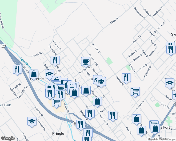 map of restaurants, bars, coffee shops, grocery stores, and more near 147 Jackson St in Swoyersville