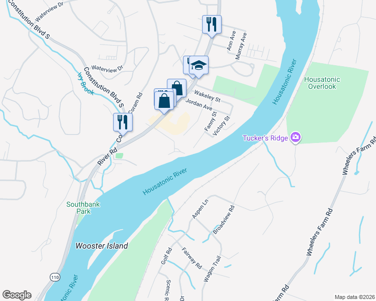 map of restaurants, bars, coffee shops, grocery stores, and more near 36 Anna Street in Shelton