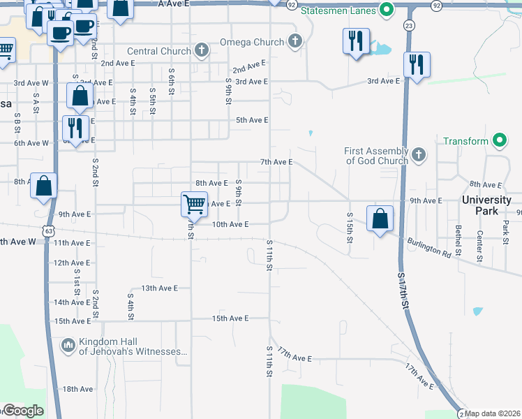 map of restaurants, bars, coffee shops, grocery stores, and more near 1001-1199 9th Ave E in Oskaloosa