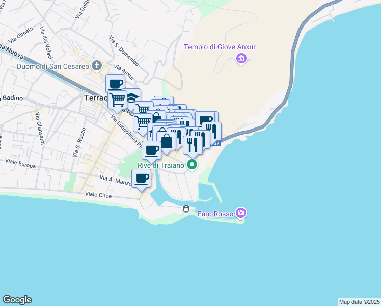 map of restaurants, bars, coffee shops, grocery stores, and more near 7 Via Guglielmo Marconi in Terracina