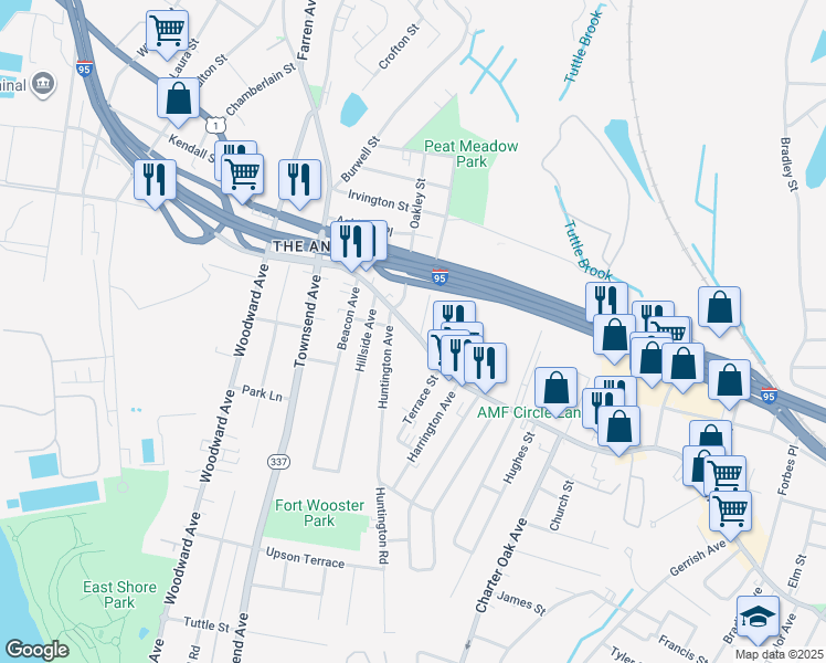 map of restaurants, bars, coffee shops, grocery stores, and more near 100 Main Street Annex in New Haven