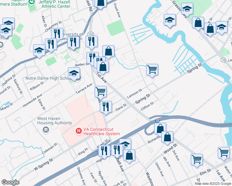 map of restaurants, bars, coffee shops, grocery stores, and more near 81 Alling Street Extension in West Haven