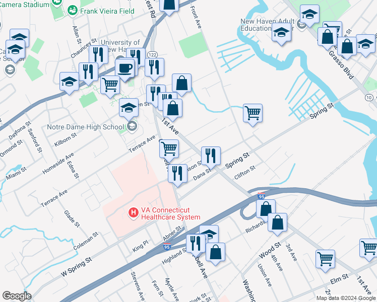 map of restaurants, bars, coffee shops, grocery stores, and more near 81 Alling Street Extension in West Haven
