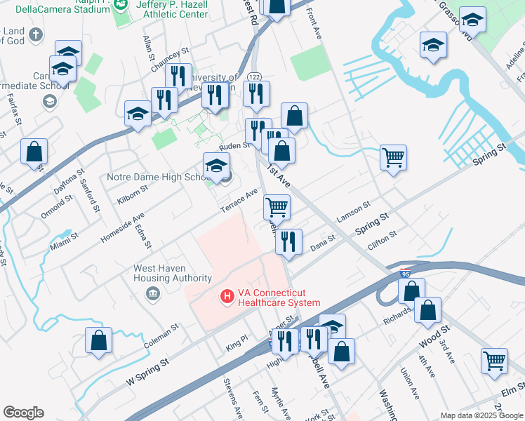 map of restaurants, bars, coffee shops, grocery stores, and more near 1048 Campbell Avenue in West Haven