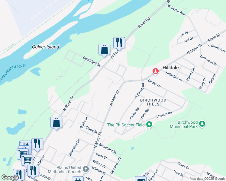 map of restaurants, bars, coffee shops, grocery stores, and more near 134 Hollywood Avenue in Wilkes-Barre