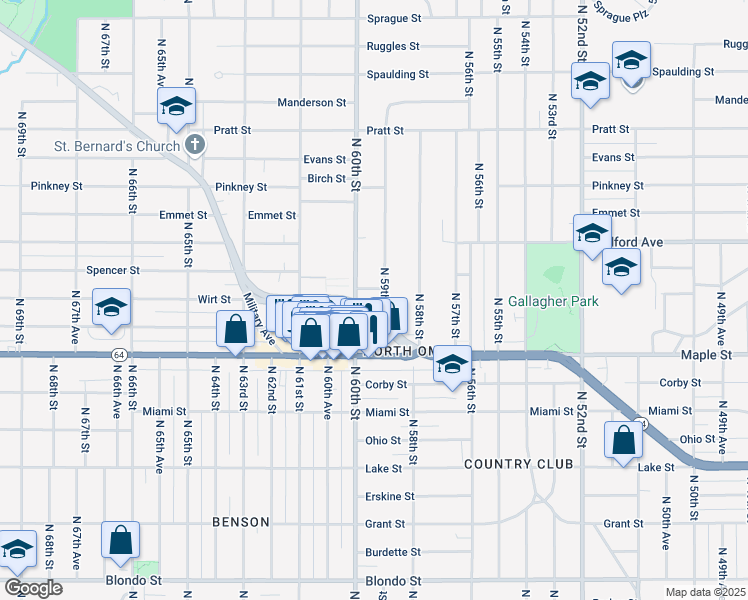 map of restaurants, bars, coffee shops, grocery stores, and more near 3123 North 60th Street in Omaha