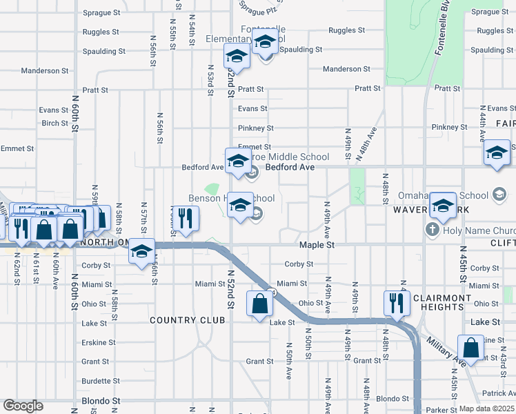 map of restaurants, bars, coffee shops, grocery stores, and more near 5120 Maple Street in Omaha
