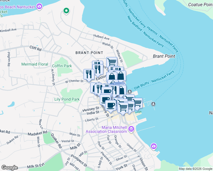 map of restaurants, bars, coffee shops, grocery stores, and more near 76 Easton Street in Nantucket