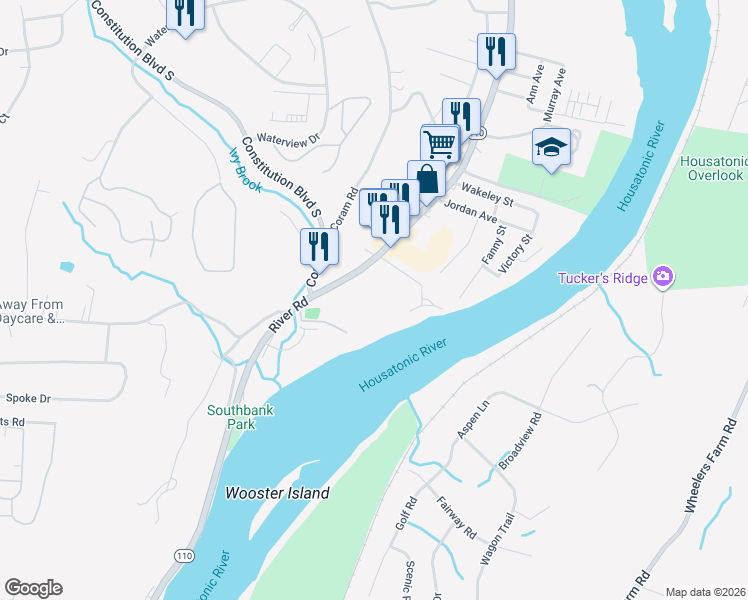 map of restaurants, bars, coffee shops, grocery stores, and more near 510 River Road in Shelton