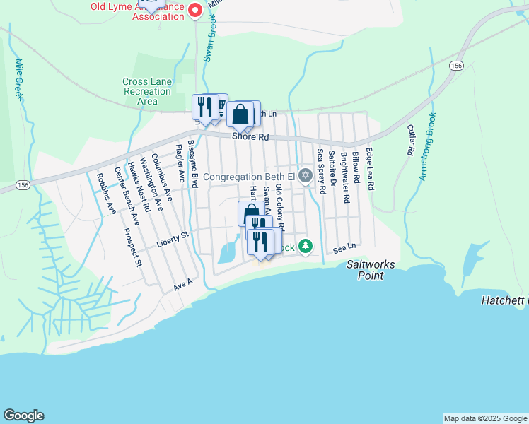 map of restaurants, bars, coffee shops, grocery stores, and more near 41 Swan Avenue in Old Lyme