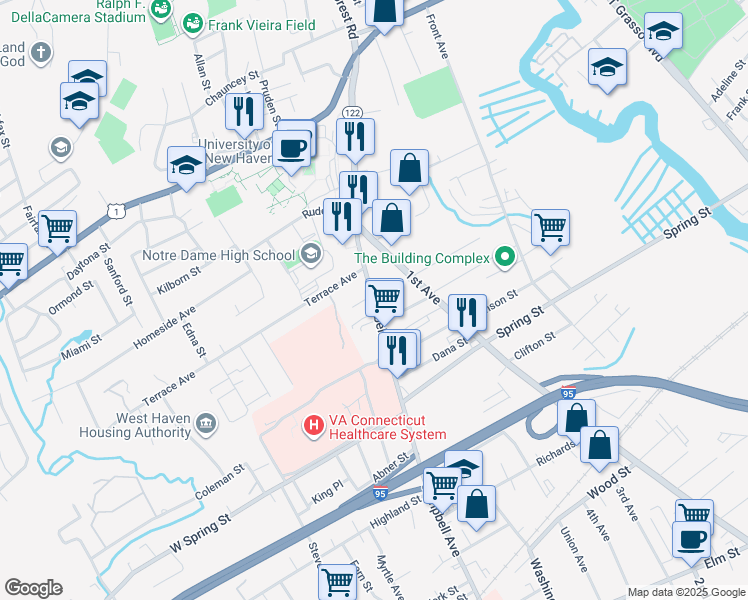 map of restaurants, bars, coffee shops, grocery stores, and more near 1048 Campbell Avenue in West Haven
