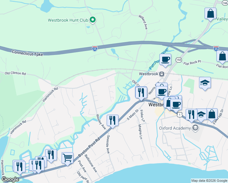 map of restaurants, bars, coffee shops, grocery stores, and more near 1243 Old Clinton Road in Westbrook