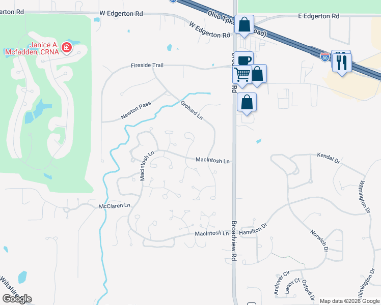 map of restaurants, bars, coffee shops, grocery stores, and more near 1316 Fieldstone Court in Broadview Heights