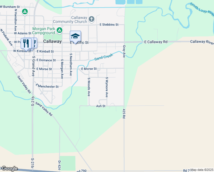 map of restaurants, bars, coffee shops, grocery stores, and more near South Wymore Avenue in Callaway