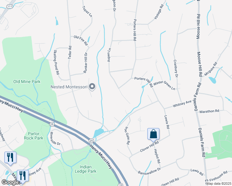 map of restaurants, bars, coffee shops, grocery stores, and more near 63 Aspen Lane in Trumbull