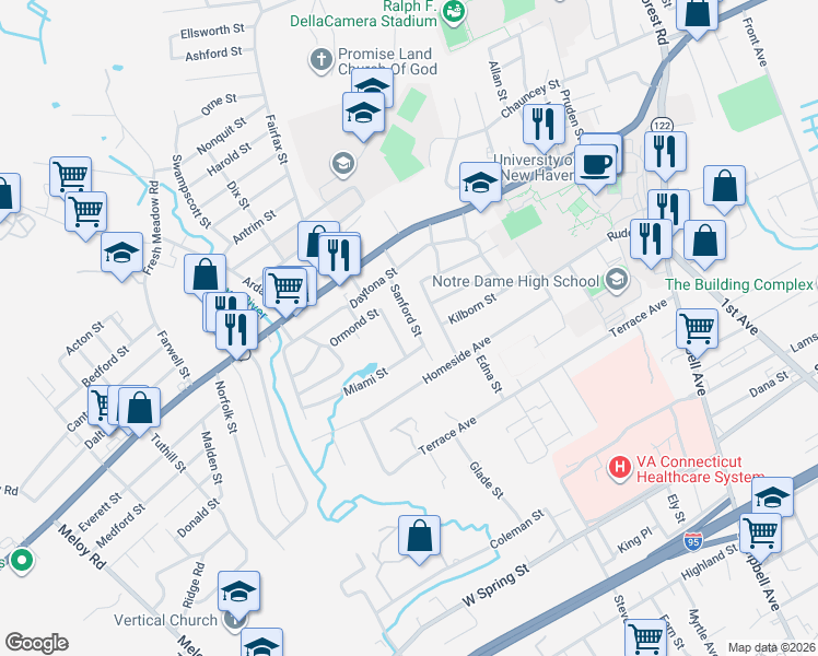 map of restaurants, bars, coffee shops, grocery stores, and more near 57 Sanford Street in West Haven