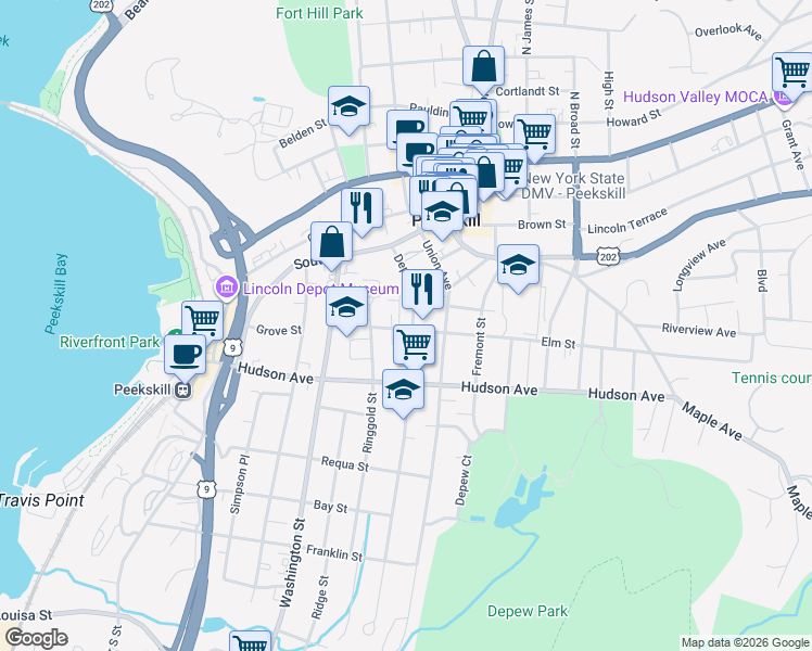 map of restaurants, bars, coffee shops, grocery stores, and more near 159 Depew Street in Peekskill
