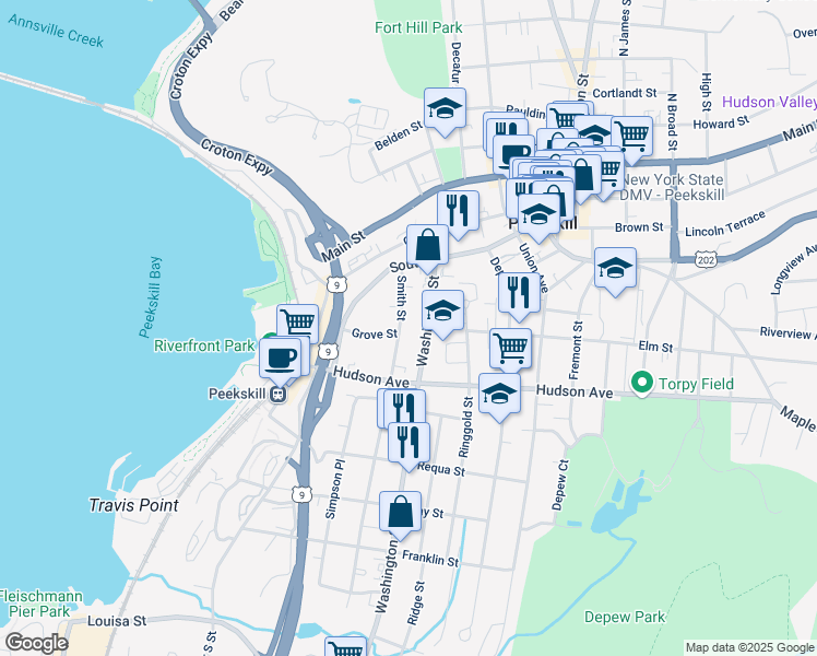 map of restaurants, bars, coffee shops, grocery stores, and more near 136 Smith Street in Peekskill