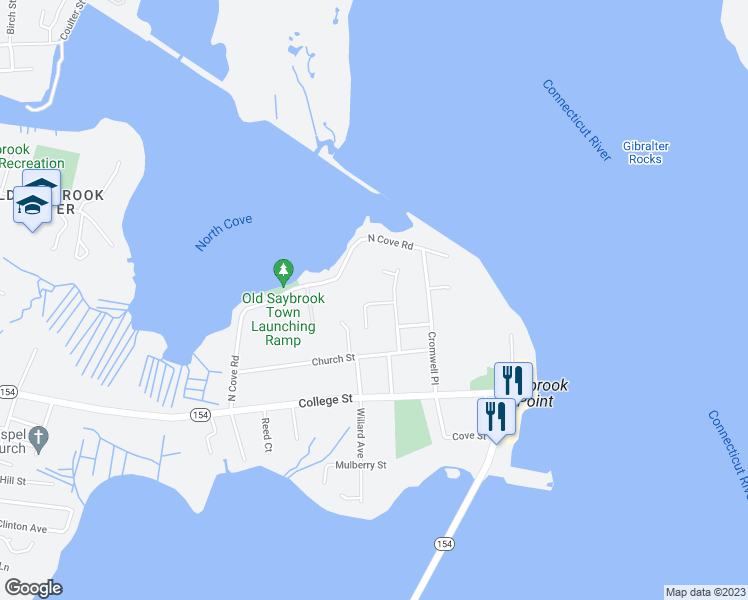 map of restaurants, bars, coffee shops, grocery stores, and more near 59 Cromwell Court North in Old Saybrook