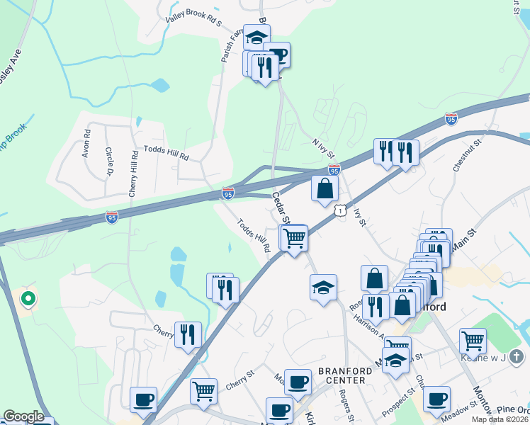 map of restaurants, bars, coffee shops, grocery stores, and more near 114 Cedar Knolls Drive in Branford